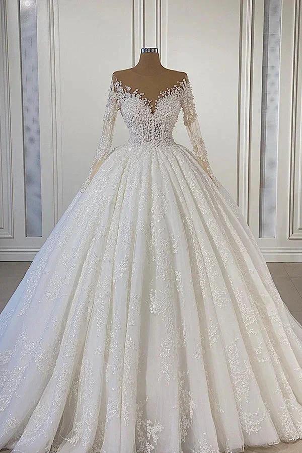 Gorgeous Lace Long Sleeve Beads Ball Gown Wedding Dress by BIZTUNNEL