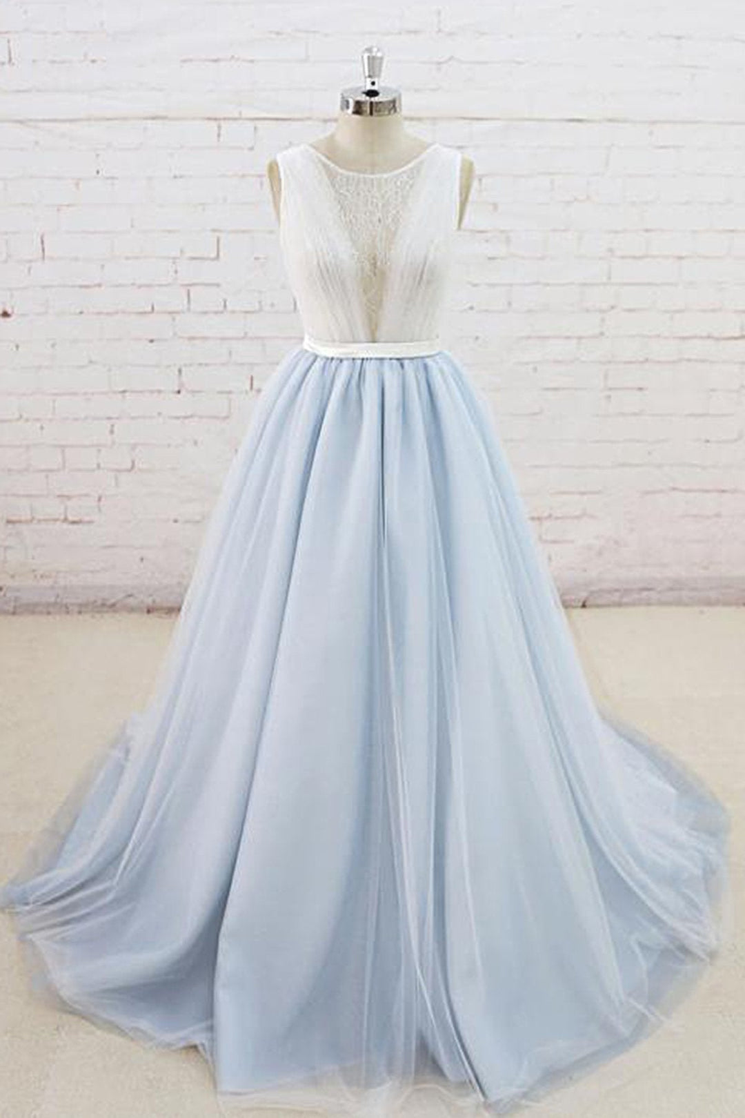Gorgeous Light Blue Tulle Lace Wedding Dress Sheer Back Summer Bridal Gowns On Sale