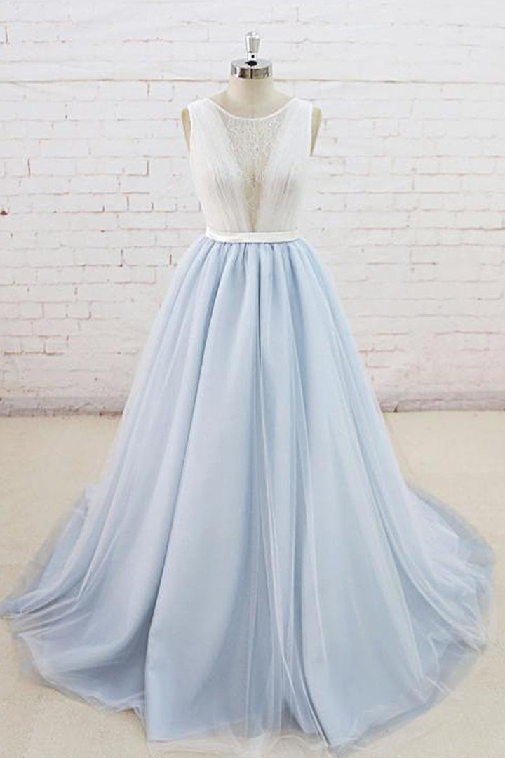 Gorgeous Light Blue Tulle Lace Wedding Dress Sheer Back Summer Bridal Gowns On Sale