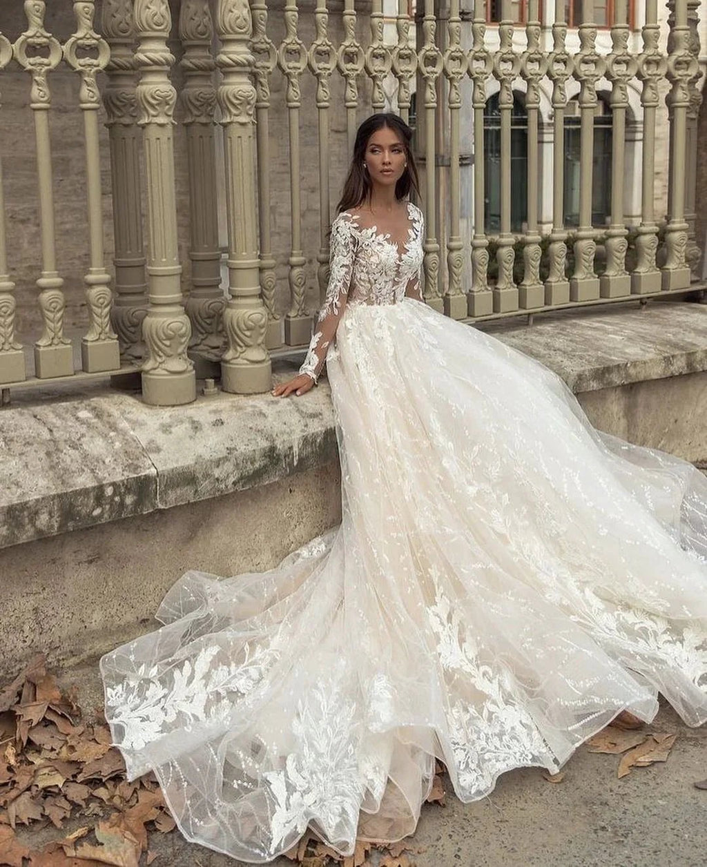 Gorgeous Long A-Line Bateau Appliques Lace Train Wedding Dress with Sleeves by BIZTUNNEL