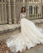 Gorgeous Long A-Line Bateau Appliques Lace Train Wedding Dress with Sleeves by BIZTUNNEL
