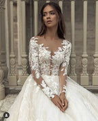 Gorgeous Long A-Line Bateau Appliques Lace Train Wedding Dress with Sleeves by BIZTUNNEL