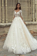 Gorgeous Long A-Line Bateau Appliques Lace Train Wedding Dress with Sleeves by BIZTUNNEL