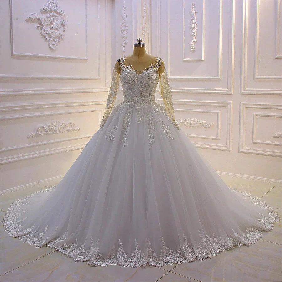 Gorgeous Long A-Line Bateau Pearl Tulle Appliques Lace Wedding Dress with Sleeves by BIZTUNNEL