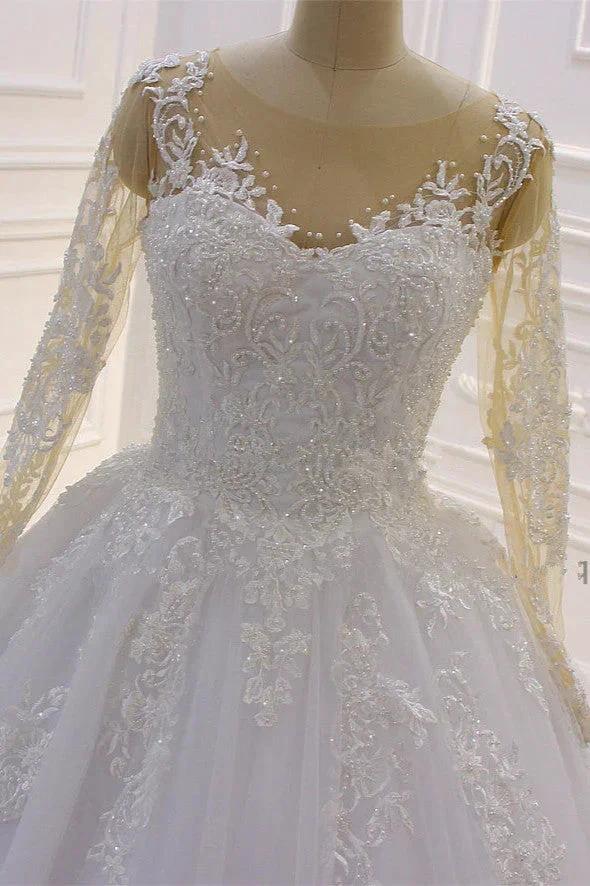 Gorgeous Long A-Line Bateau Pearl Tulle Appliques Lace Wedding Dress with Sleeves by BIZTUNNEL