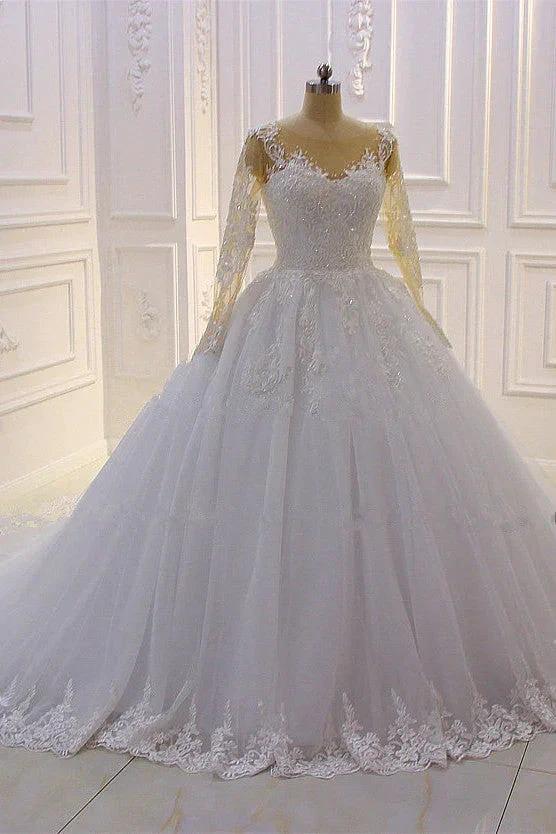 Gorgeous Long A-Line Bateau Pearl Tulle Appliques Lace Wedding Dress with Sleeves by BIZTUNNEL