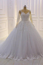 Gorgeous Long A-Line Bateau Pearl Tulle Appliques Lace Wedding Dress with Sleeves by BIZTUNNEL