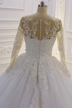Gorgeous Long A-Line Bateau Pearl Tulle Appliques Lace Wedding Dress with Sleeves by BIZTUNNEL