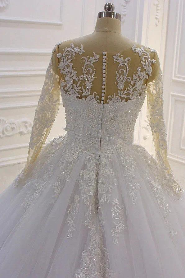 Gorgeous Long A-Line Bateau Pearl Tulle Appliques Lace Wedding Dress with Sleeves by BIZTUNNEL