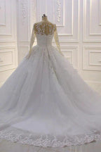 Gorgeous Long A-Line Bateau Pearl Tulle Appliques Lace Wedding Dress with Sleeves by BIZTUNNEL
