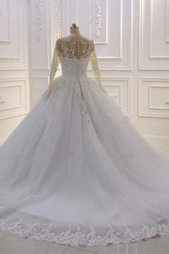 Gorgeous Long A-Line Bateau Pearl Tulle Appliques Lace Wedding Dress with Sleeves by BIZTUNNEL