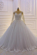 Gorgeous Long A-Line Bateau Pearl Tulle Appliques Lace Wedding Dress with Sleeves by BIZTUNNEL