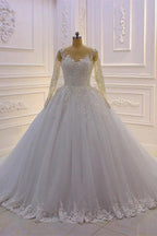 Gorgeous Long A-Line Bateau Pearl Tulle Appliques Lace Wedding Dress with Sleeves by BIZTUNNEL