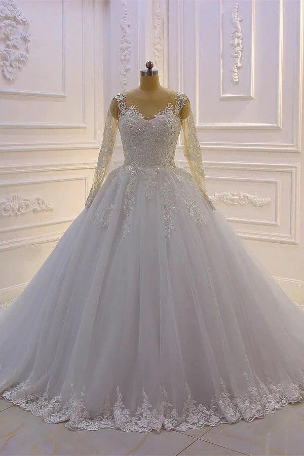 Gorgeous Long A-Line Bateau Pearl Tulle Appliques Lace Wedding Dress with Sleeves by BIZTUNNEL
