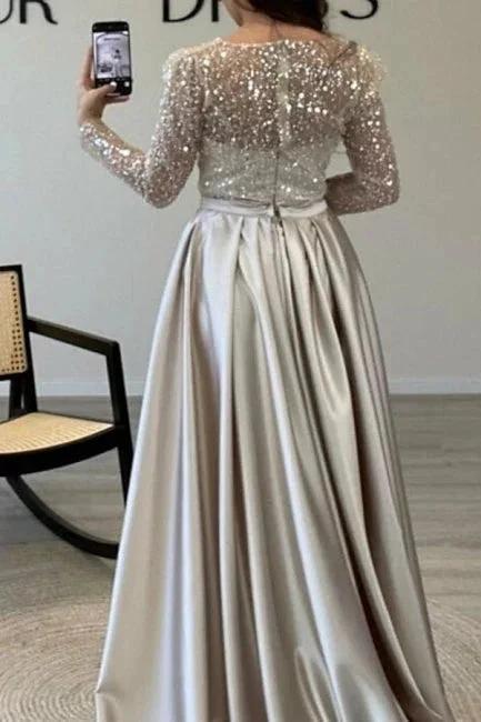 Gorgeous Long A-line Beading Sequined Prom Dresses with Long Sleeves by misshow.com