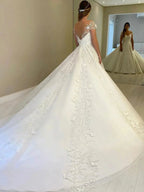 Gorgeous Long A-line Off Shoulder Lace Open Back Wedding Dresses with Cap Sleeves by BIZTUNNEL