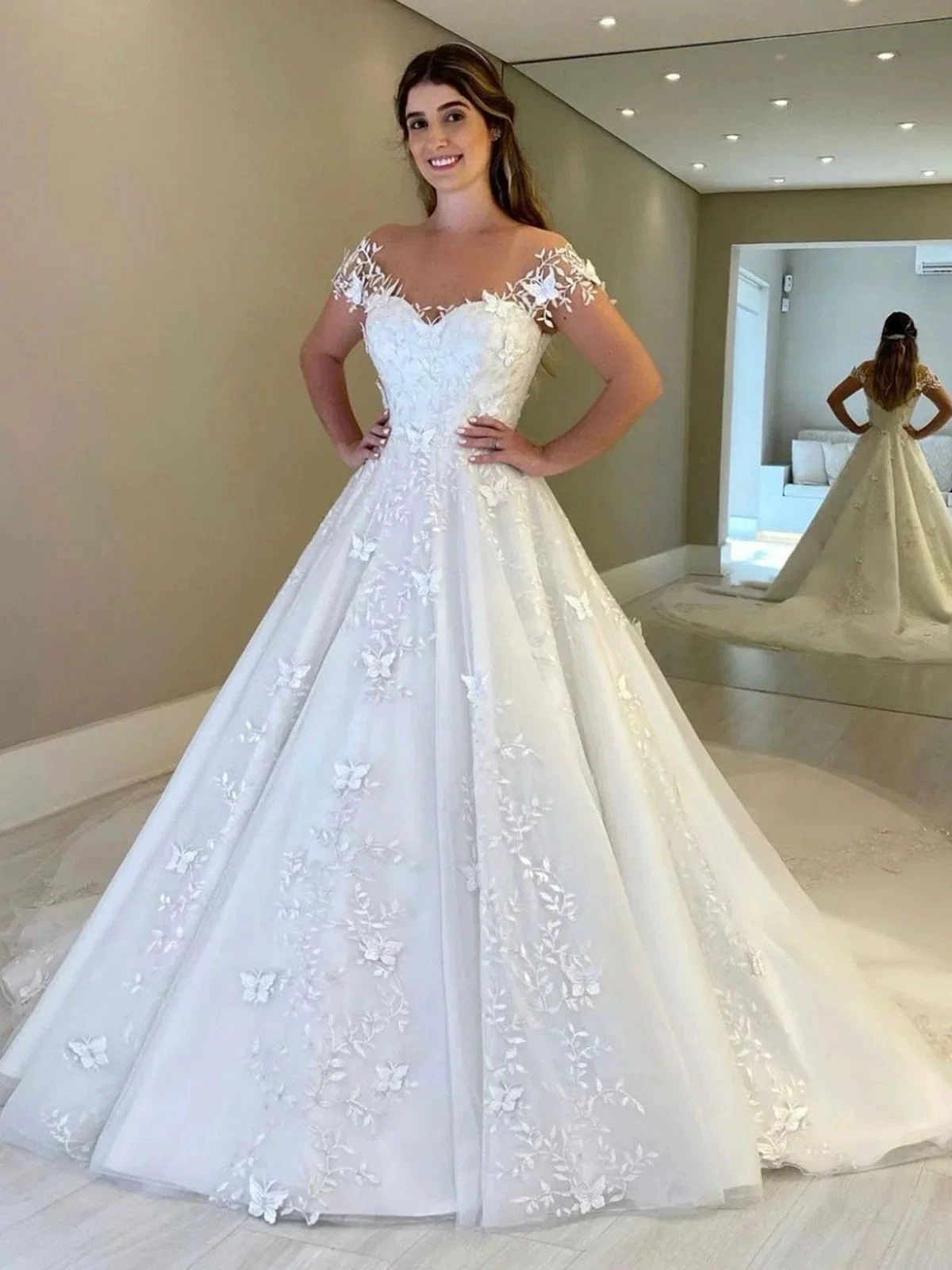 Gorgeous Long A-line Off Shoulder Lace Open Back Wedding Dresses with Cap Sleeves by BIZTUNNEL