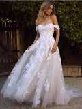 Gorgeous Long A-line Off the Shoulder Open Back Appliques Tulle Wedding Dresses by BIZTUNNEL
