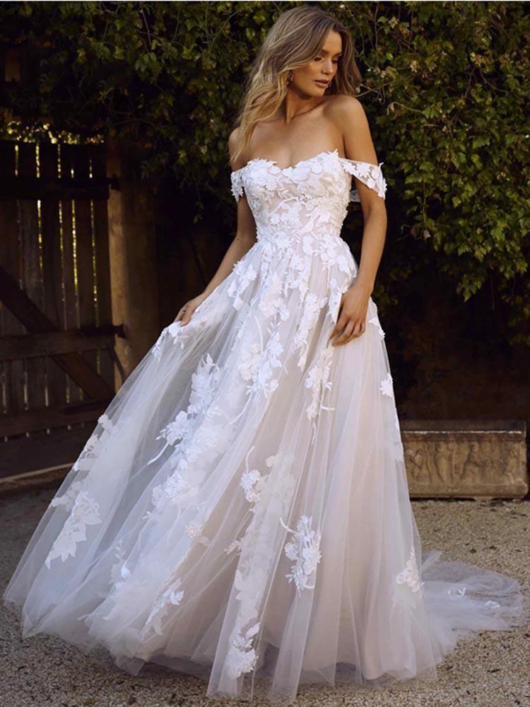 Gorgeous Long A-line Off the Shoulder Open Back Appliques Tulle Wedding Dresses by BIZTUNNEL