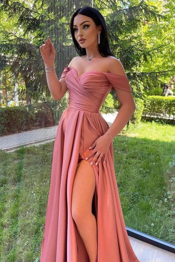 Gorgeous Long A-line Off the Shoulder Ruched Satin Prom Dress with Slit by BIZTUNNEL