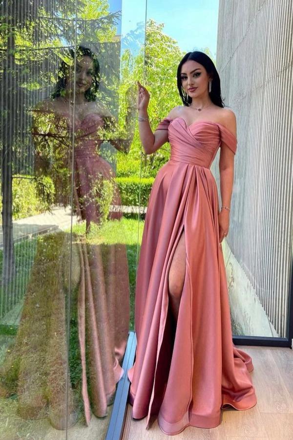 Gorgeous Long A-line Off the Shoulder Ruched Satin Prom Dress with Slit by BIZTUNNEL