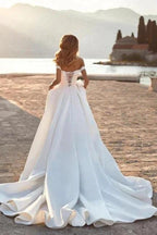 Gorgeous Long A-line Off-the-shoulder Satin Sleeveless Wedding Dresses With Glitter by misshow.com