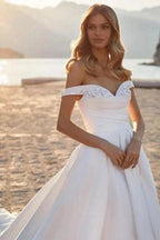 Gorgeous Long A-line Off-the-shoulder Satin Sleeveless Wedding Dresses With Glitter by misshow.com
