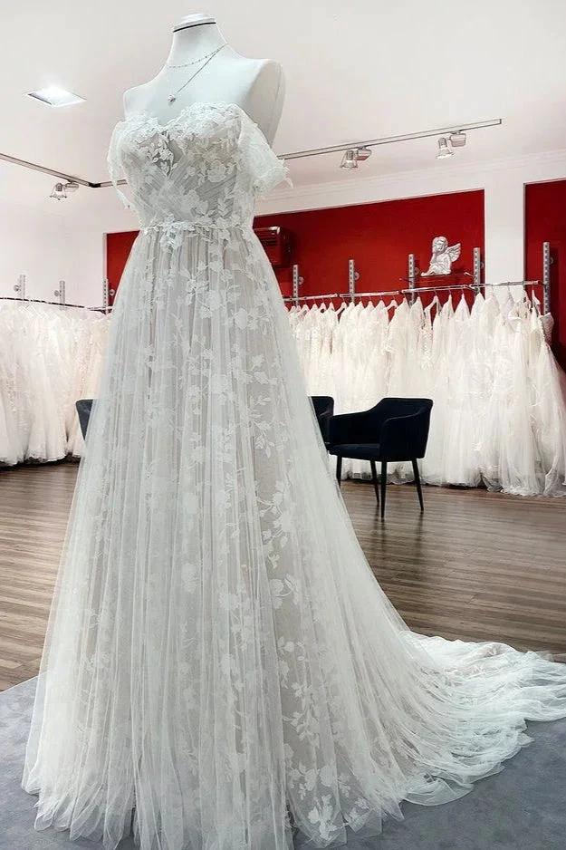 Gorgeous Long A-line Off-the-shoulder Tulle Appliques Lace Wedding Dress by BIZTUNNEL