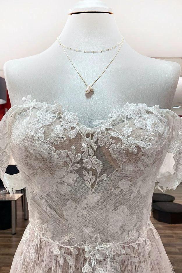 Gorgeous Long A-line Off-the-shoulder Tulle Appliques Lace Wedding Dress by BIZTUNNEL