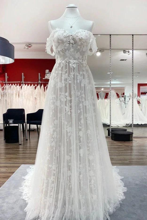 Gorgeous Long A-line Off-the-shoulder Tulle Appliques Lace Wedding Dress by BIZTUNNEL
