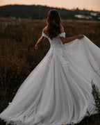 Gorgeous Long A-line Off-the-shoulder Tulle Wedding Dress with Appliques Lace by BIZTUNNEL