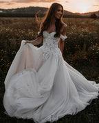 Gorgeous Long A-line Off-the-shoulder Tulle Wedding Dress with Appliques Lace by BIZTUNNEL