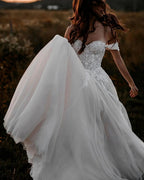 Gorgeous Long A-line Off-the-shoulder Tulle Wedding Dress with Appliques Lace by BIZTUNNEL