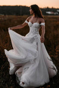 Gorgeous Long A-line Off-the-shoulder Tulle Wedding Dress with Appliques Lace by BIZTUNNEL