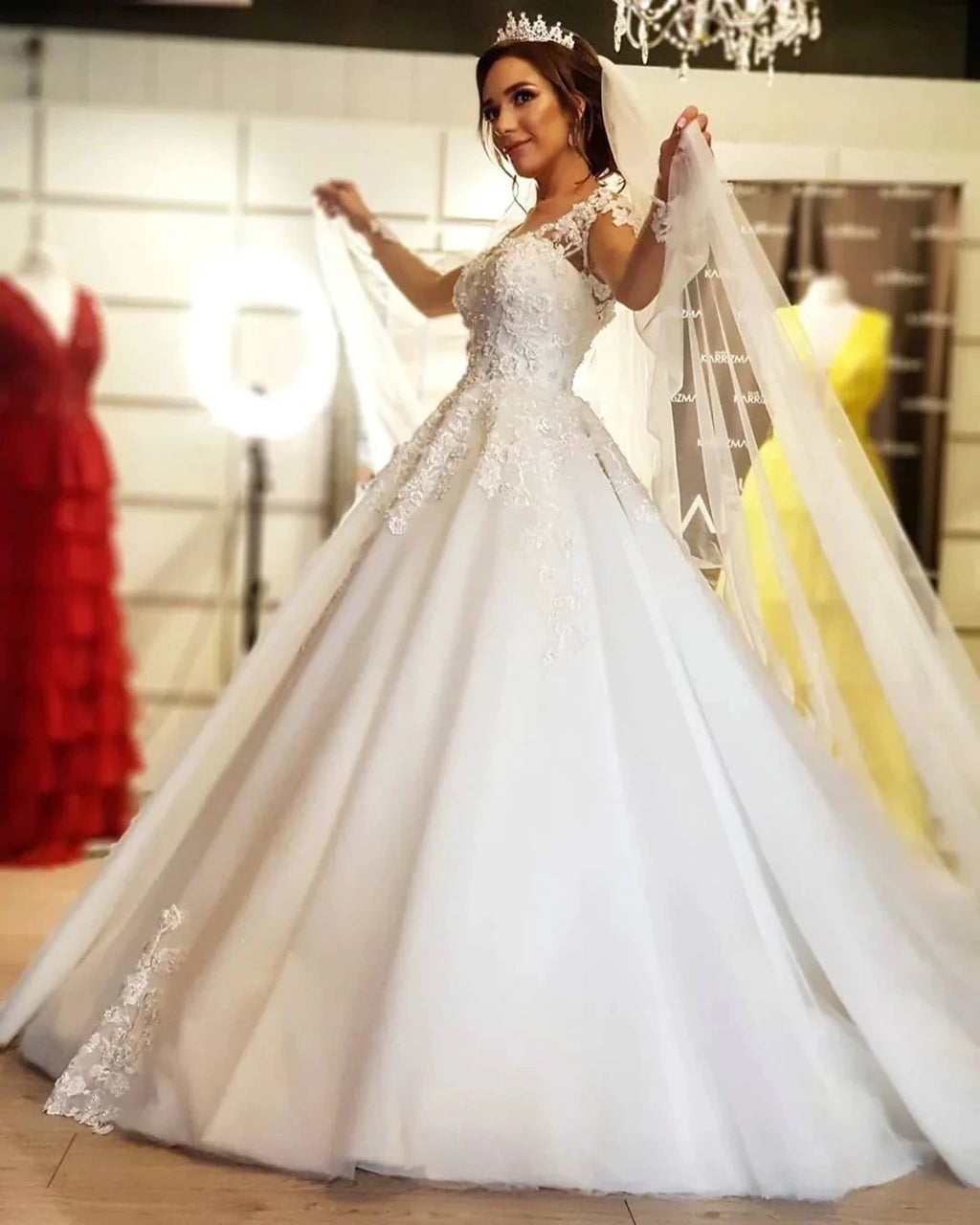 Gorgeous Long A-line Off-the-shoulder Wedding Dresses with Sleeves by BIZTUNNEL