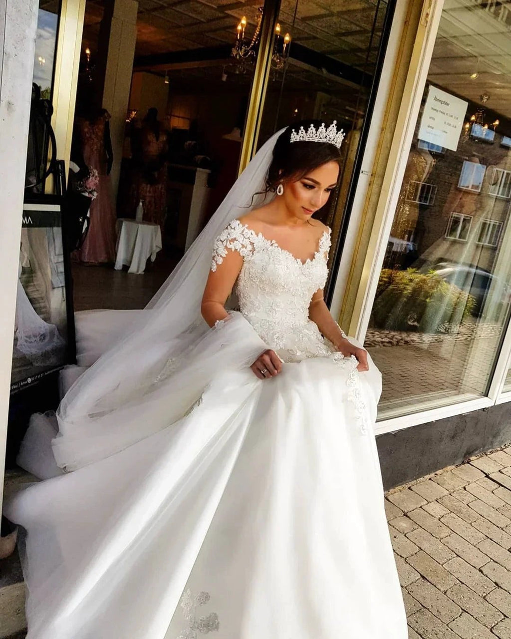 Gorgeous Long A-line Off-the-shoulder Wedding Dresses with Sleeves by BIZTUNNEL