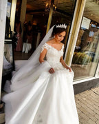 Gorgeous Long A-line Off-the-shoulder Wedding Dresses with Sleeves by BIZTUNNEL