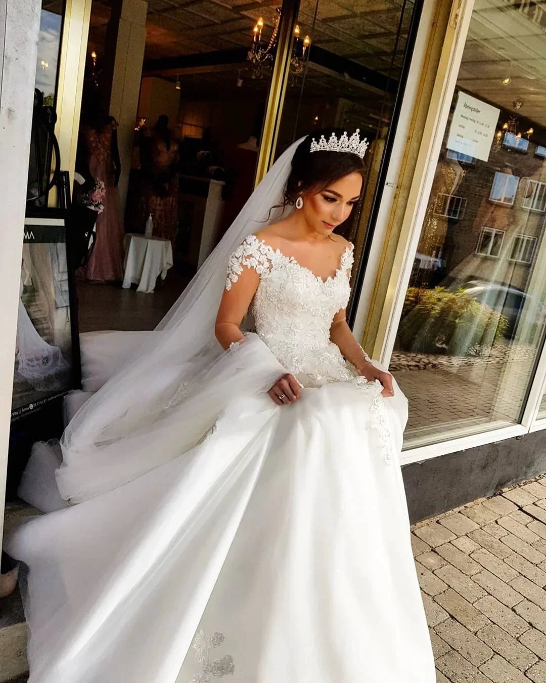 Gorgeous Long A-line Off-the-shoulder Wedding Dresses with Sleeves by BIZTUNNEL