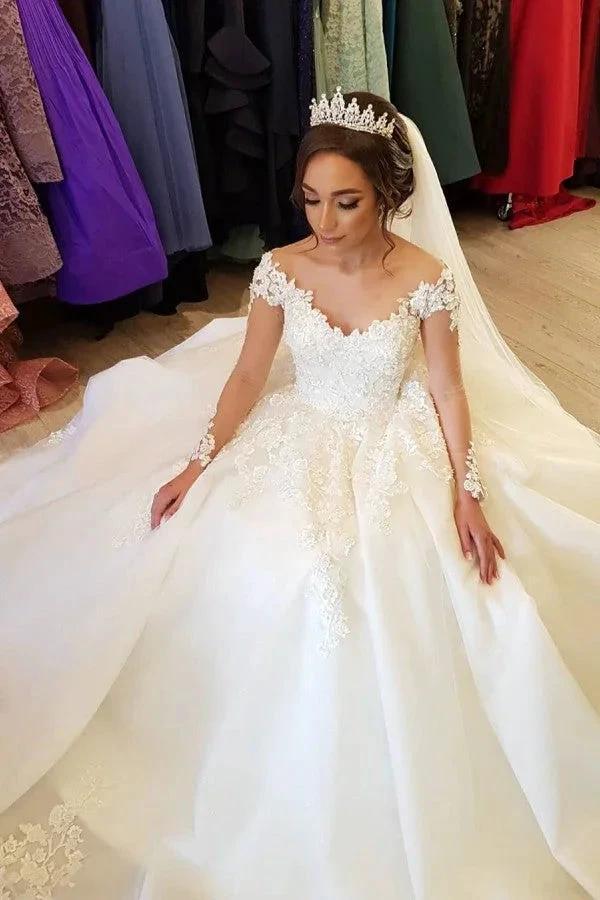 Gorgeous Long A-line Off-the-shoulder Wedding Dresses with Sleeves by BIZTUNNEL