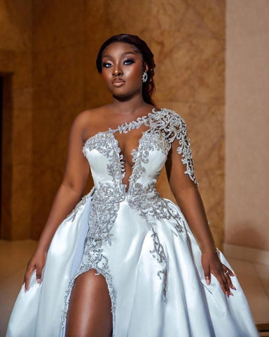 Gorgeous Long A-line One Shoulder Beading Wedding Dress With Slit