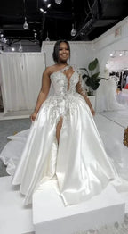 Gorgeous Long A-line One Shoulder Beading Wedding Dress With Slit by misshow.com