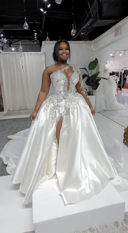 Gorgeous Long A-line One Shoulder Beading Wedding Dress With Slit