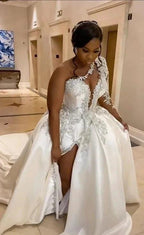 Gorgeous Long A-line One Shoulder Beading Wedding Dress With Slit by misshow.com