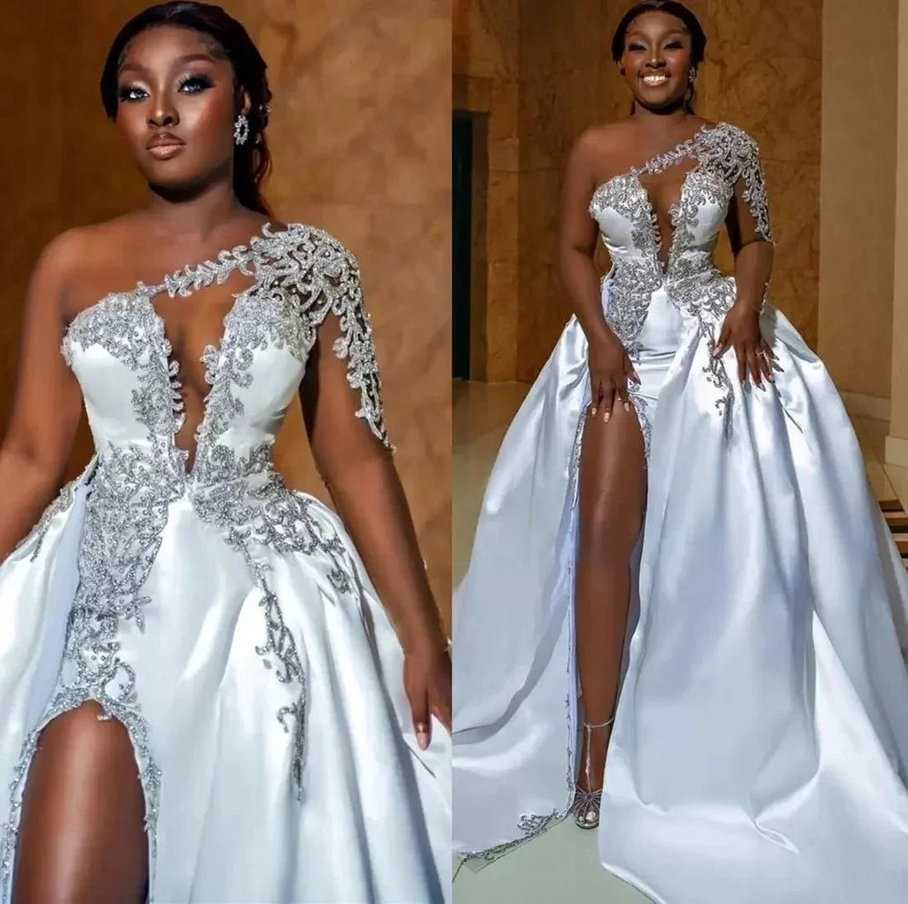 Gorgeous Long A-line One Shoulder Beading Wedding Dress With Slit by misshow.com