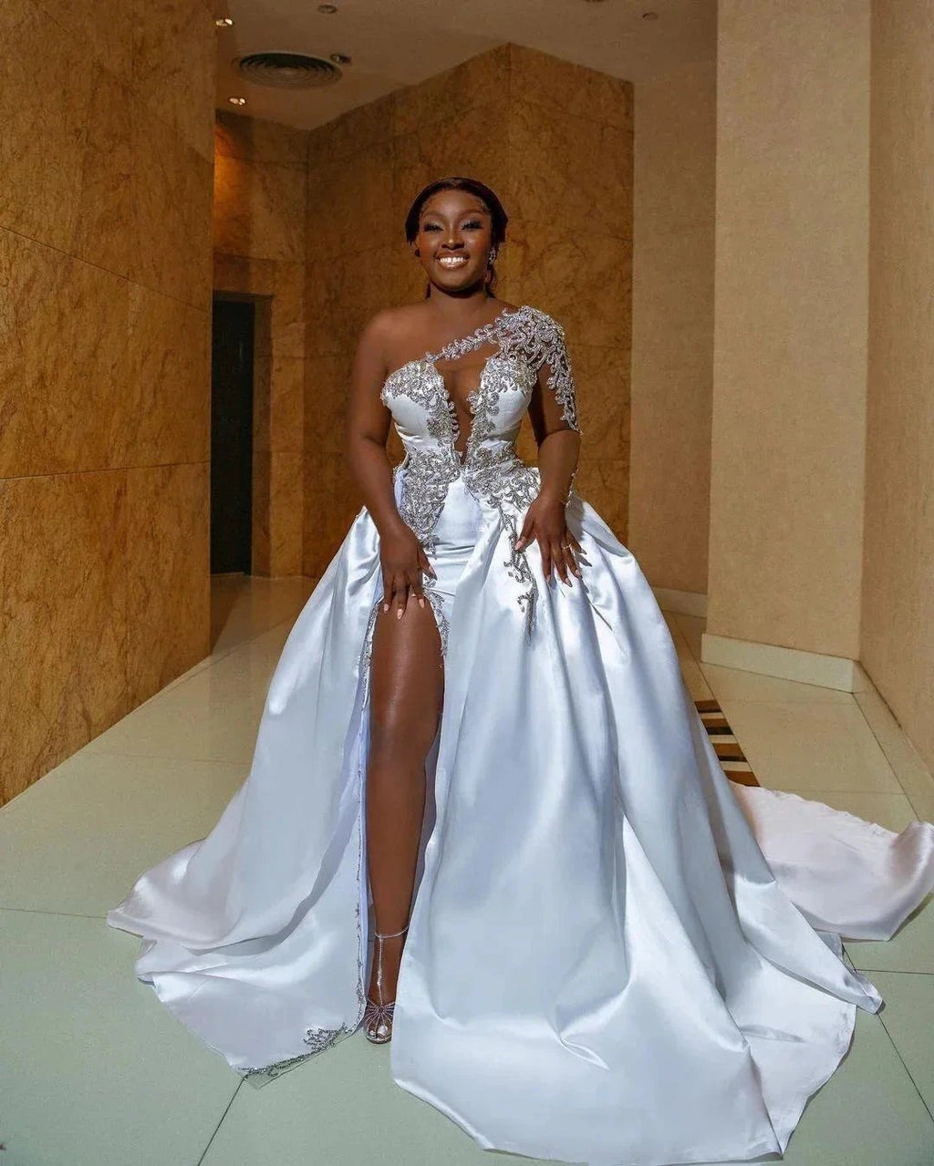 Gorgeous Long A-line One Shoulder Beading Wedding Dress With Slit by misshow.com