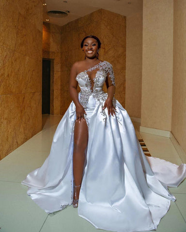 Gorgeous Long A-line One Shoulder Beading Wedding Dress With Slit