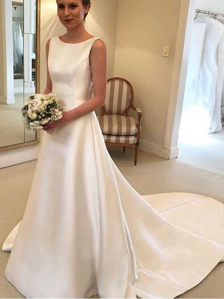 Gorgeous Long A-line Satin Backless Wedding Dresses by BIZTUNNEL