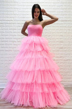Gorgeous Long A-line Strapless Layered Tulle Prom Dress Pink Formal Evening Dresses by BIZTUNNEL