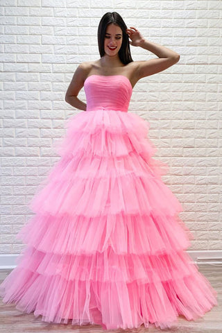 Wunderschönes langes trägerloses A-Linien-Ballkleid aus Tüll mit mehreren Lagen in Rosa