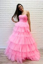 Gorgeous Long A-line Strapless Layered Tulle Prom Dress Pink Formal Evening Dresses by BIZTUNNEL